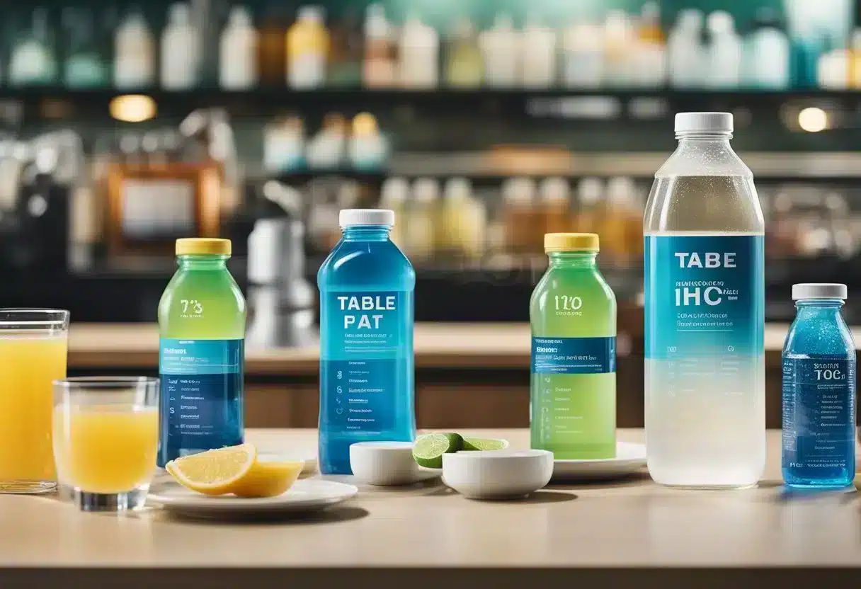 A table with various electrolyte drinks labeled for different health conditions