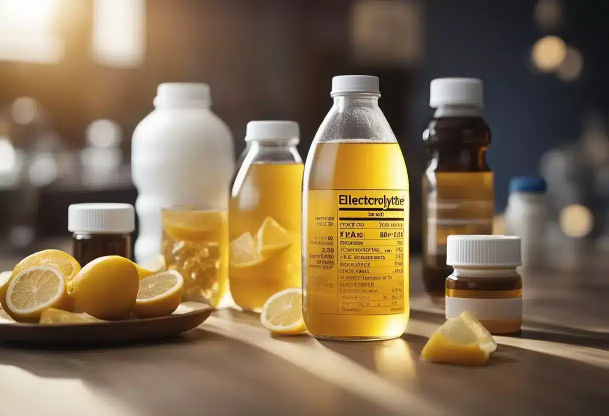 A bottle of electrolyte drink surrounded by various health condition symbols, with a background showing physical activity and performance improvement