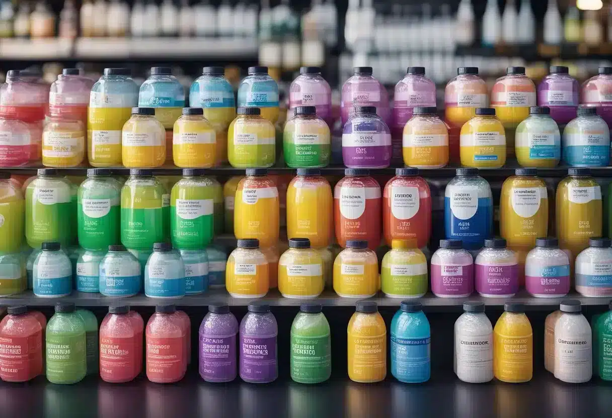 A variety of electrolyte drinks displayed with labels for different health conditions