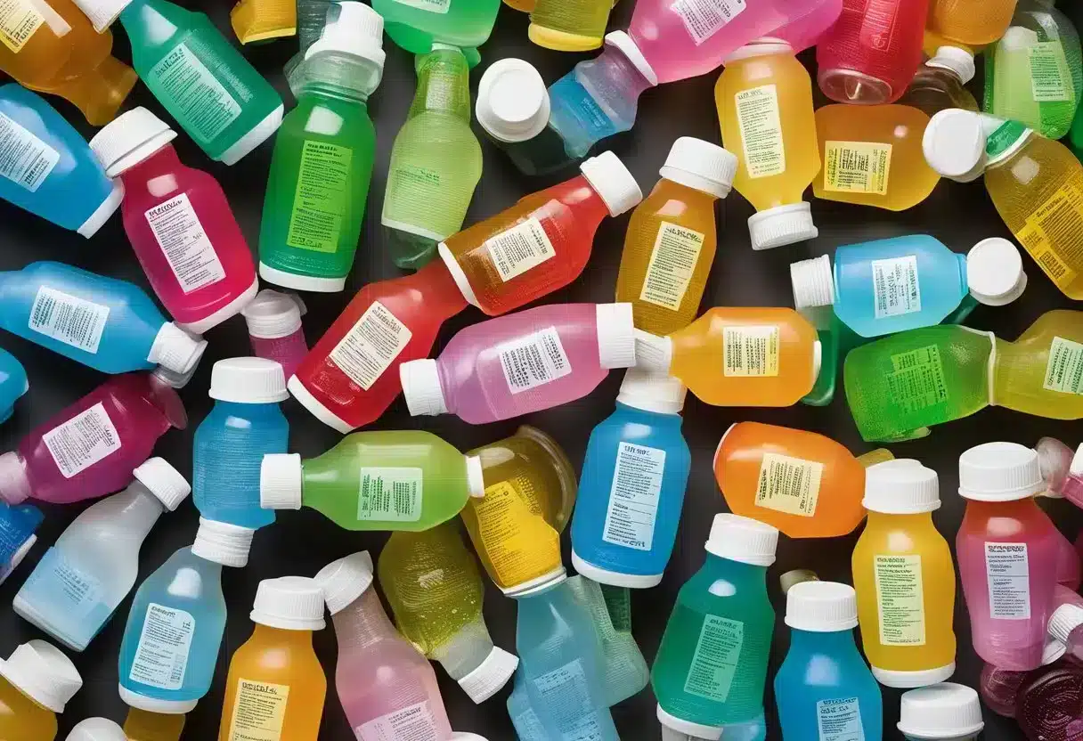 A variety of electrolyte drinks arranged on a table, with labels indicating suitability for diabetics and other health conditions