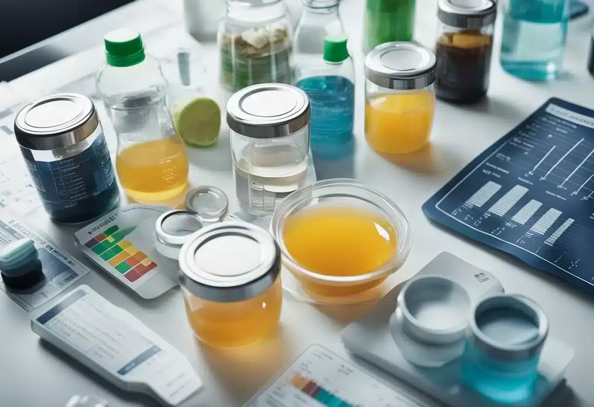 A laboratory table with various electrolyte drink formulations and ingredients, alongside charts and graphs showing trends in health conditions