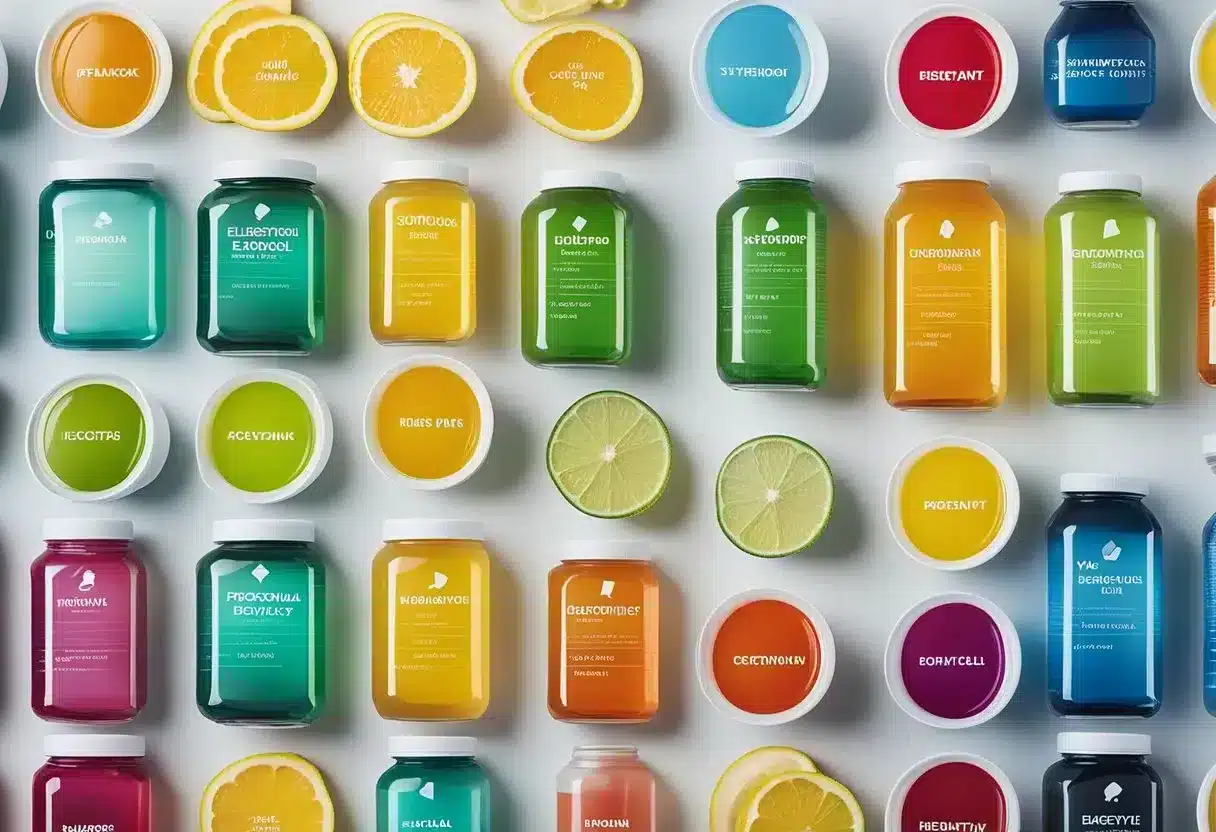 Various electrolyte drinks arranged on a table, each labeled for specific health conditions