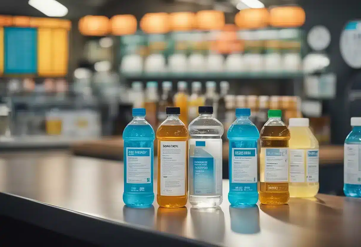 A table with various electrolyte drinks, labeled for different health conditions, surrounded by warning signs and safety information