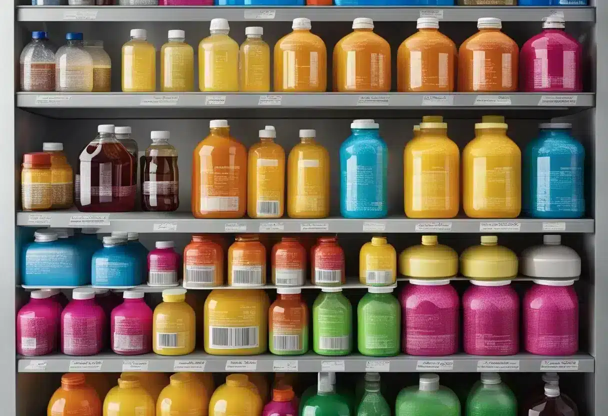 A table with various electrolyte drink bottles, each labeled for specific health conditions. Ingredients and health benefits are displayed prominently