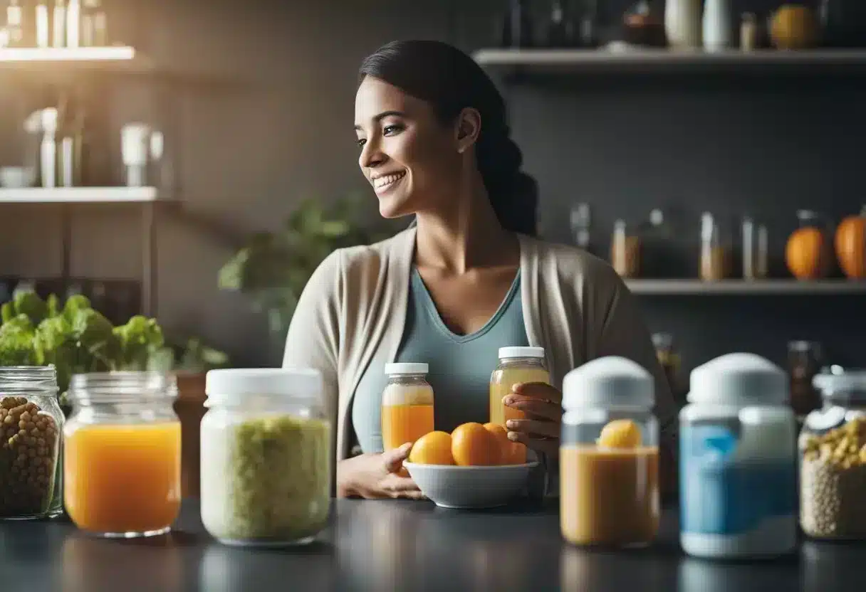 A pregnant woman holding a bottle of electrolyte drink while surrounded by various nutrient-rich foods and a prenatal vitamin bottle