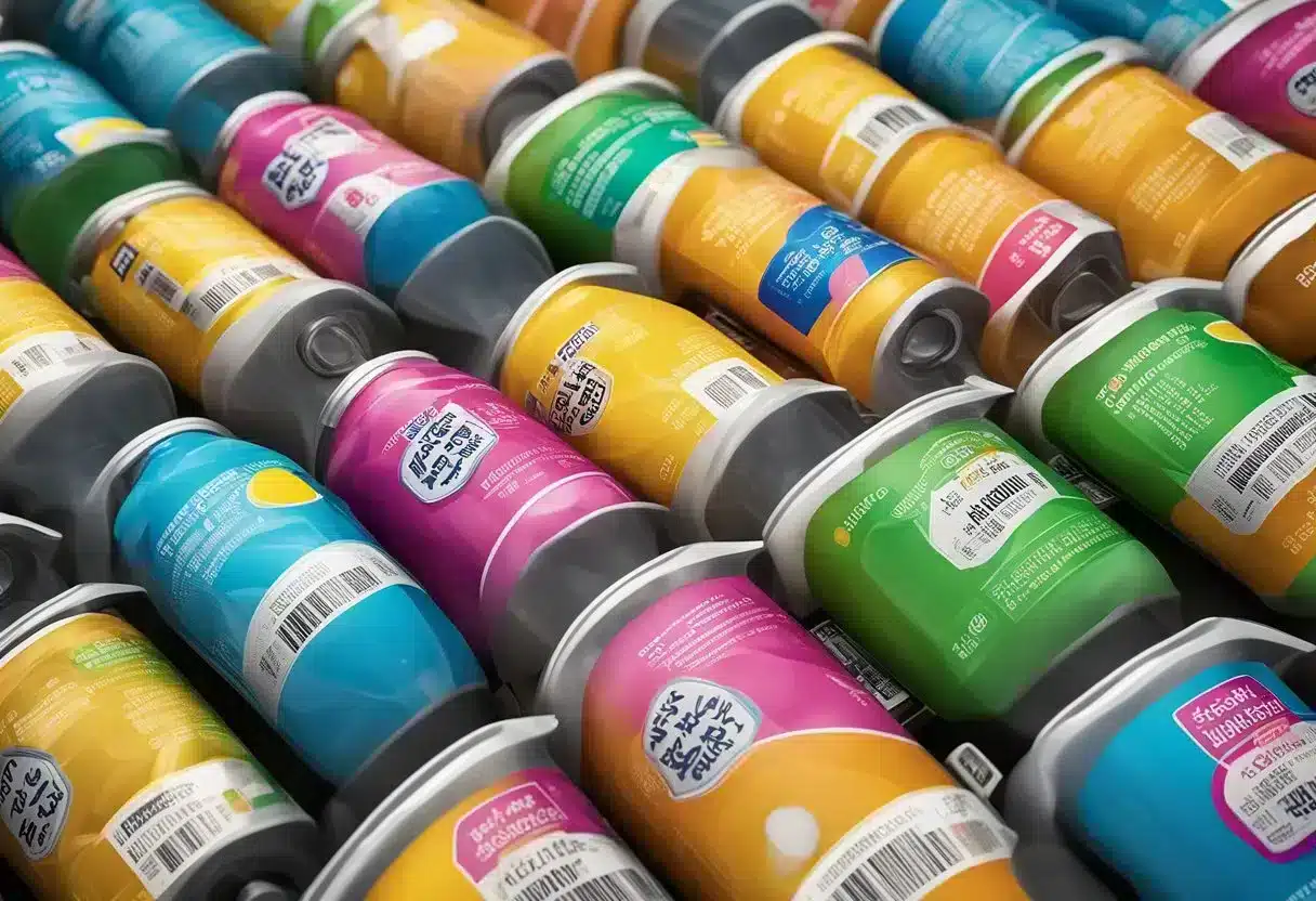 A variety of electrolyte drinks arranged on a table with a focus on labels and colorful packaging