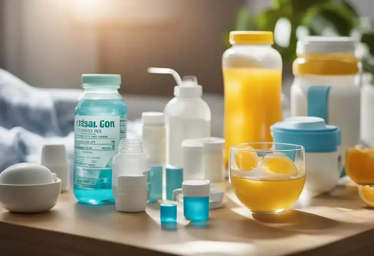 A table with various electrolyte drink options, surrounded by pregnancy-related items like vitamins and a baby bottle