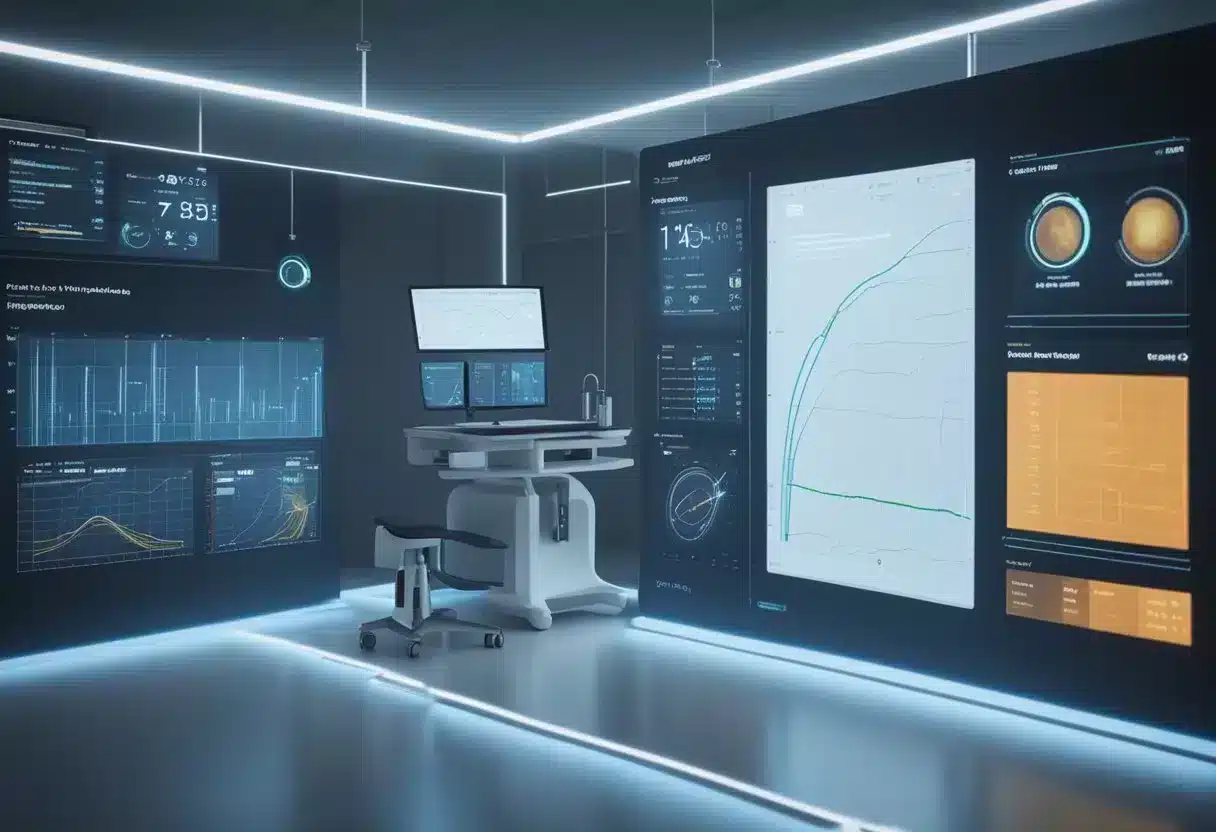 A futuristic medical device tracks vital signs wirelessly, sending data to a central hub. Charts and graphs display patient progress on a digital screen