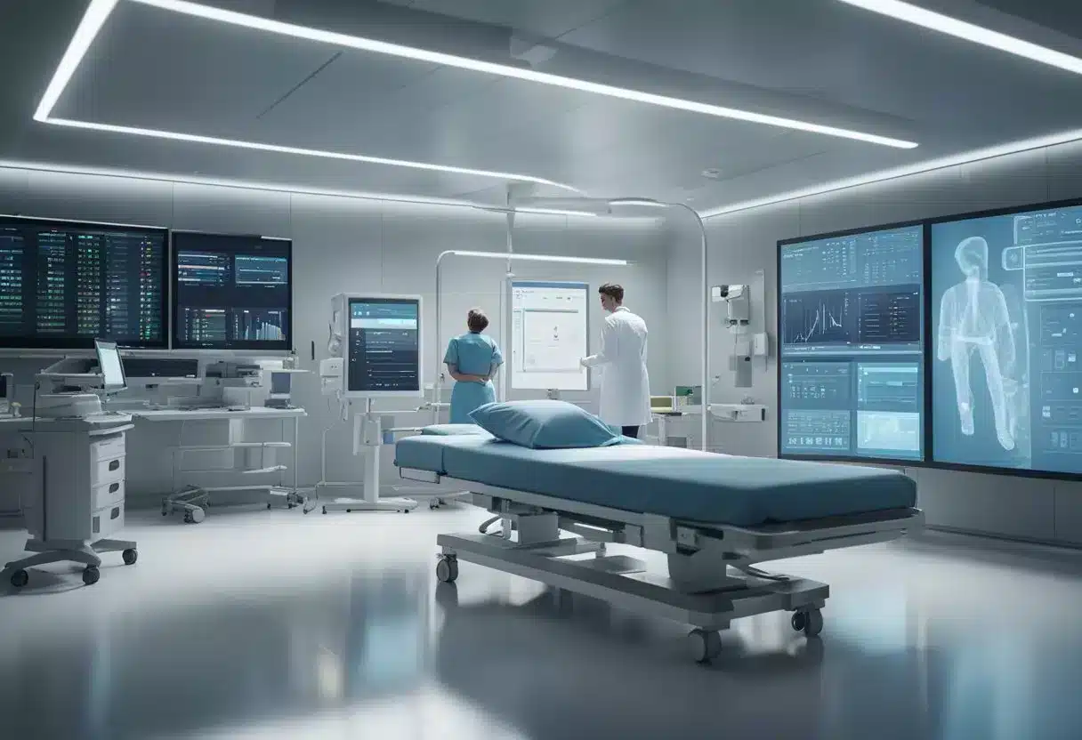 A modern hospital room with a large screen displaying real-time patient data, surrounded by various medical devices and a healthcare professional reviewing the information