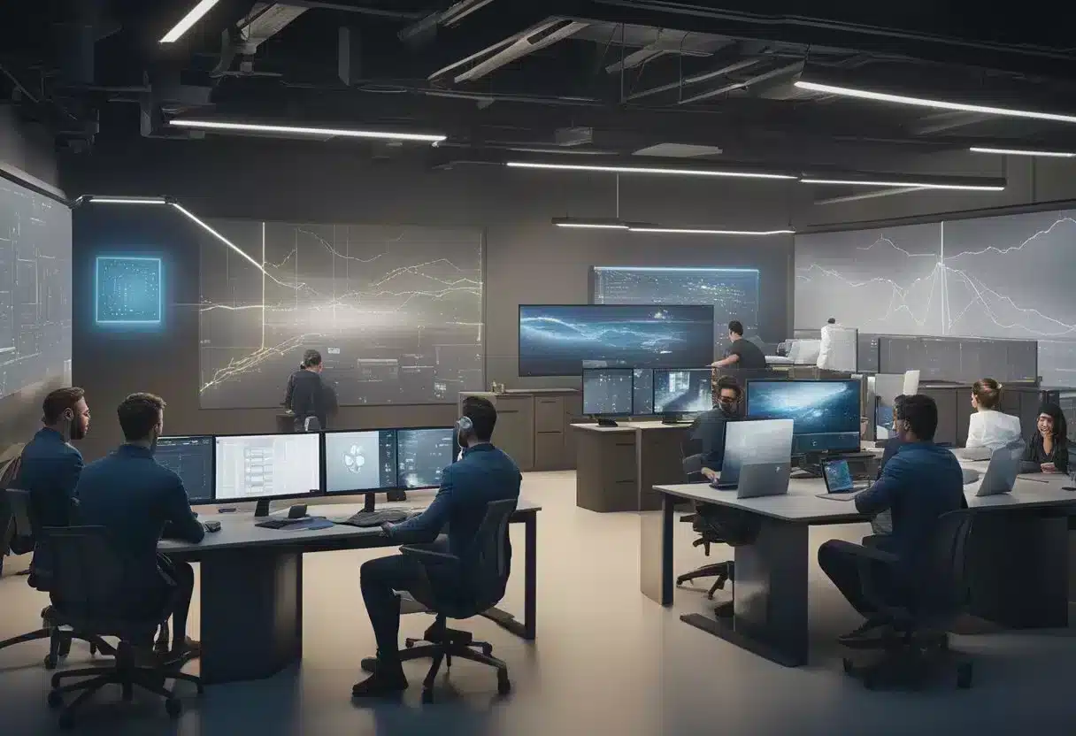 A team of technicians troubleshoots devices, while a manager coordinates solutions via video call. Data charts and graphs cover the walls, showing remote patient monitoring trends for 2024