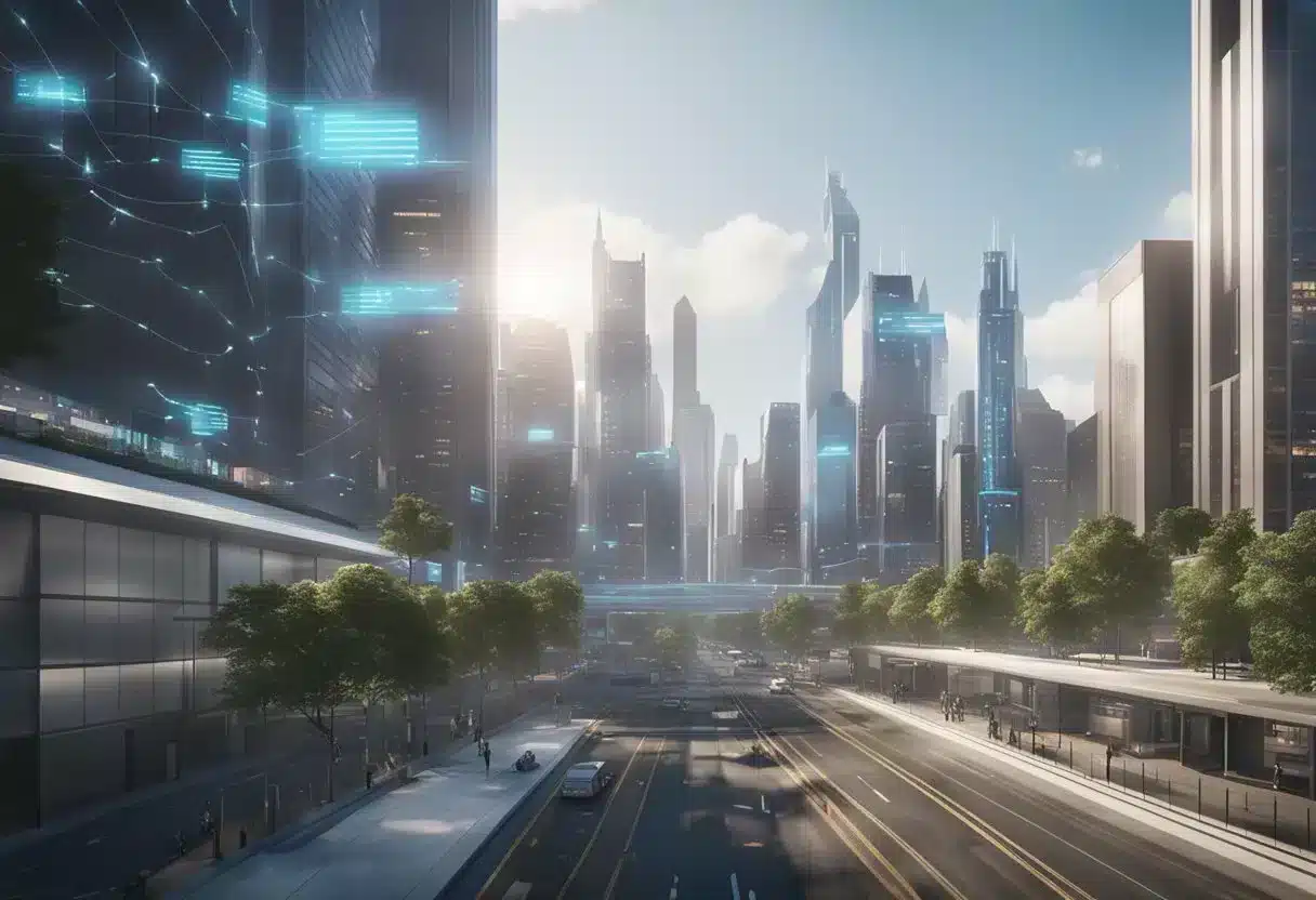 A bustling city skyline with digital health monitors and data streams connecting to various healthcare facilities