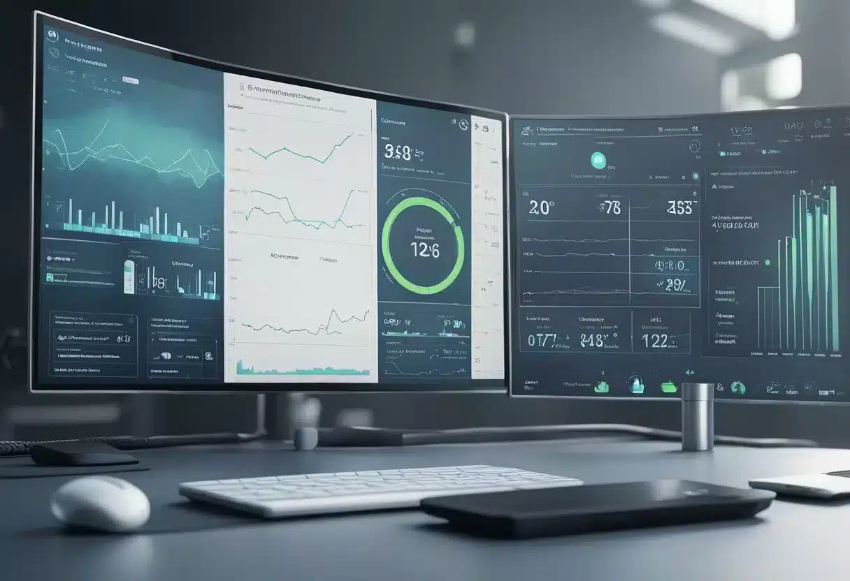 A futuristic, sleek device displays real-time patient data. Charts and graphs show trends and vital signs. Cloud connectivity enables remote monitoring