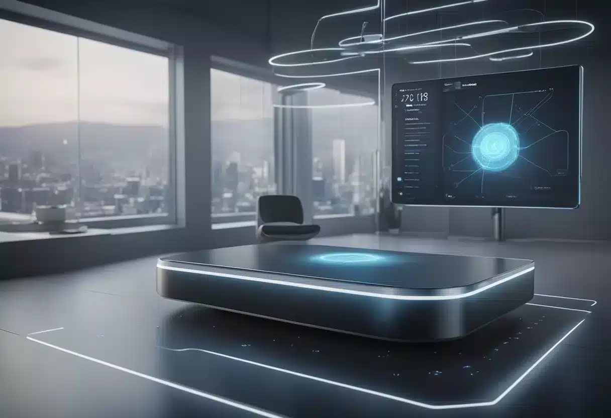 A sleek, modern device displays real-time health data. A network of interconnected devices and sensors stream information to a central hub. Futuristic technology enables seamless remote patient monitoring