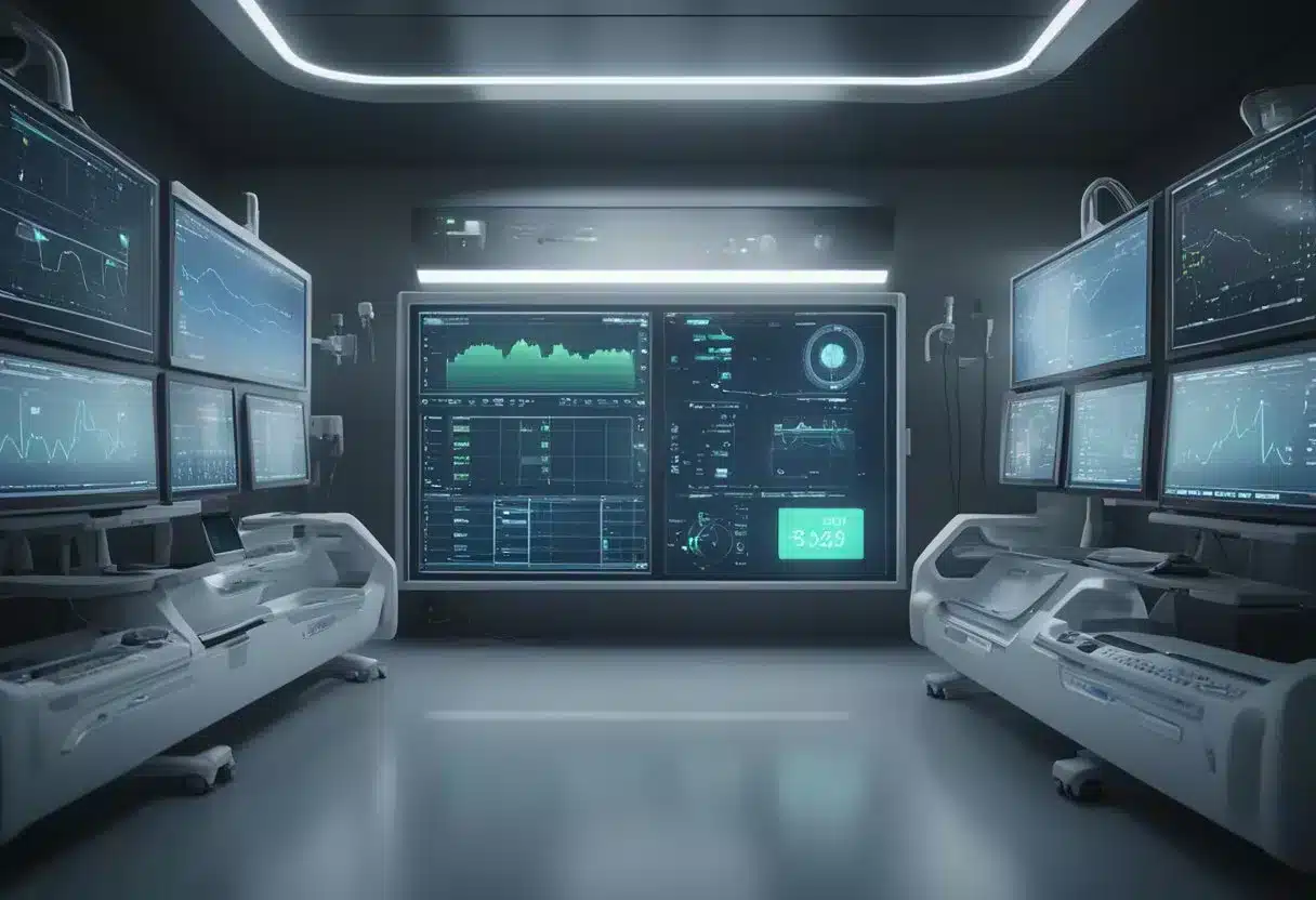 A futuristic remote patient monitoring device displays vital signs on a digital screen, surrounded by advanced medical equipment