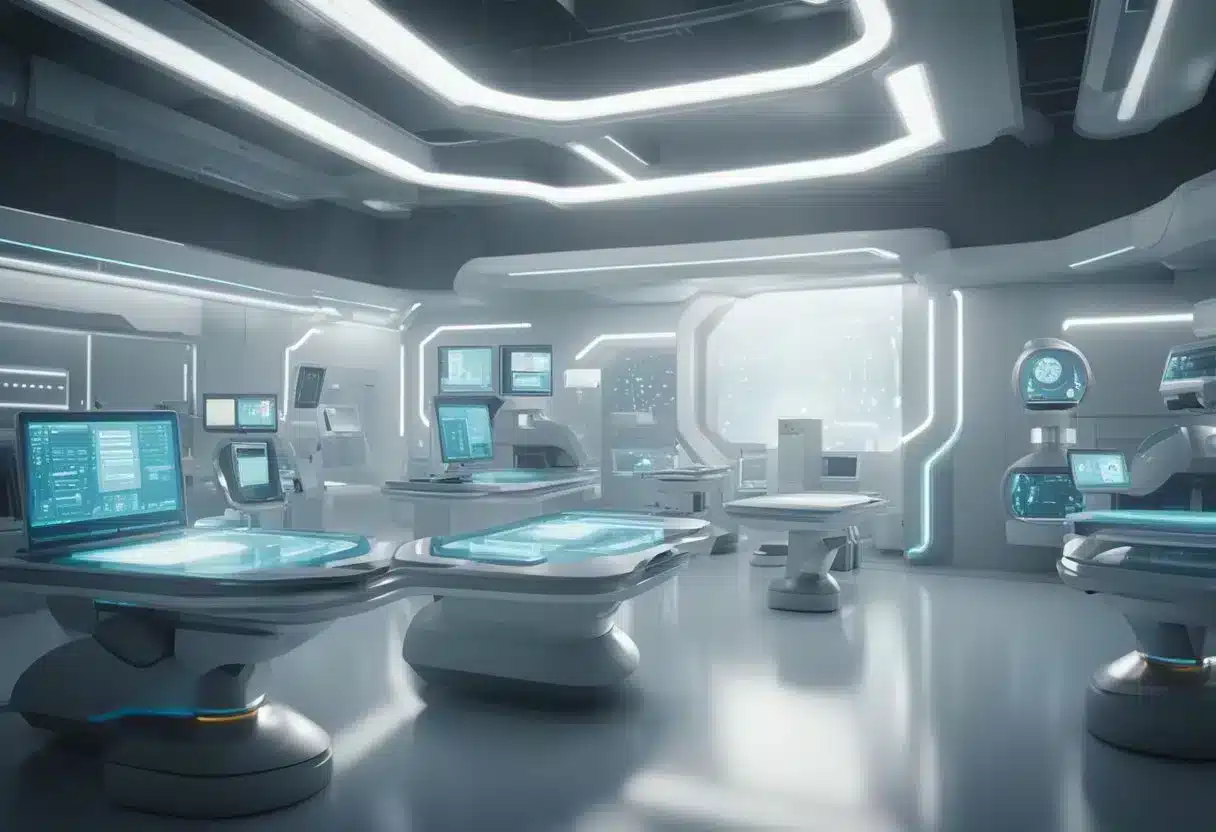 A futuristic healthcare setting with advanced monitoring devices and data integration systems in use