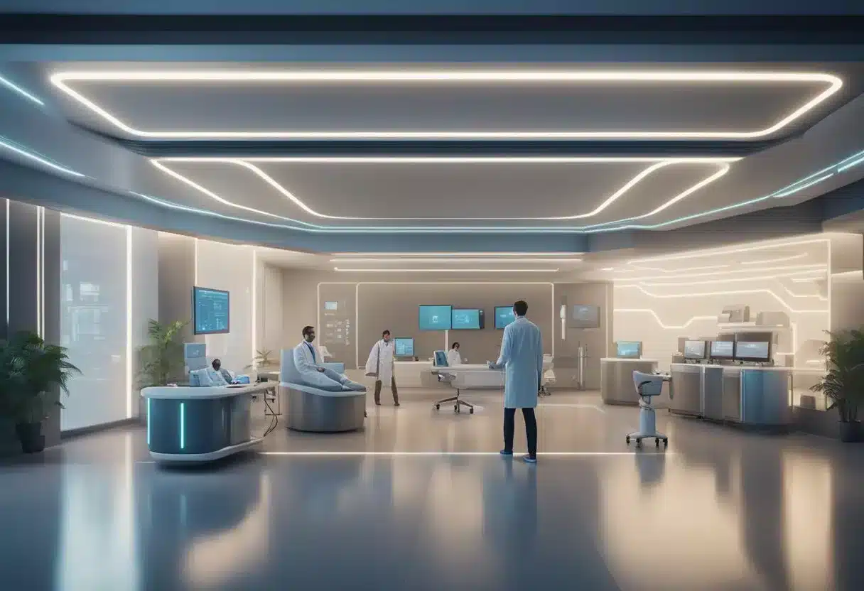 A futuristic healthcare setting with advanced technology for remote patient monitoring, including wearable devices and data analytics tools