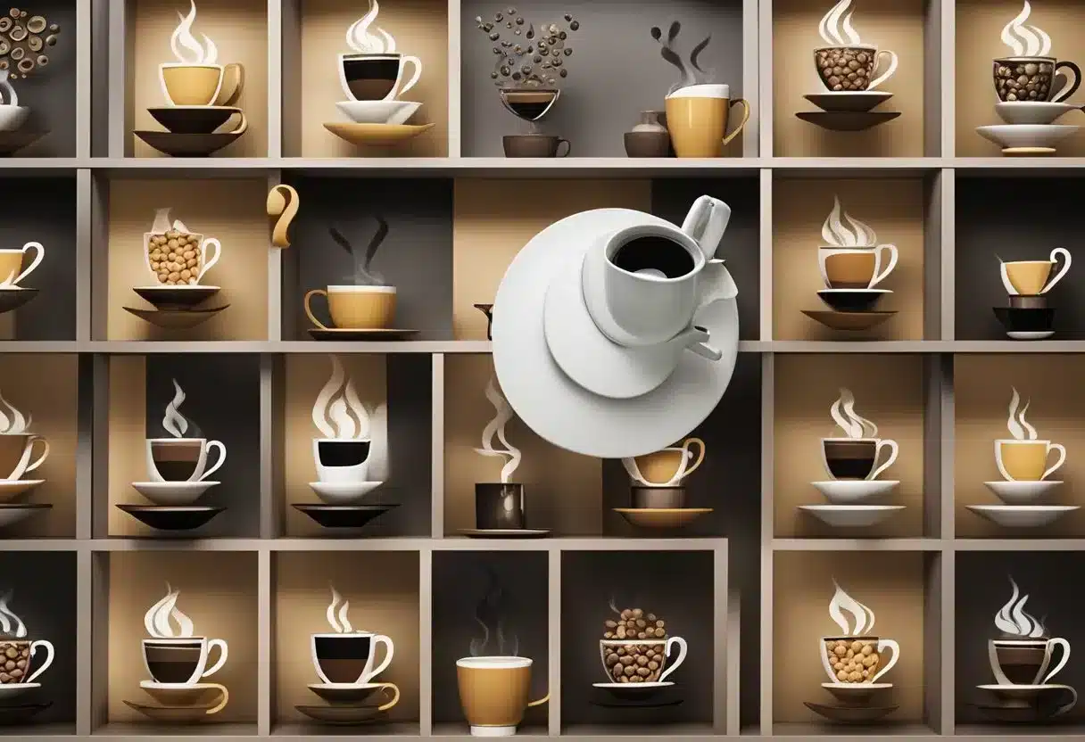 A steaming cup of coffee surrounded by question marks and warning signs