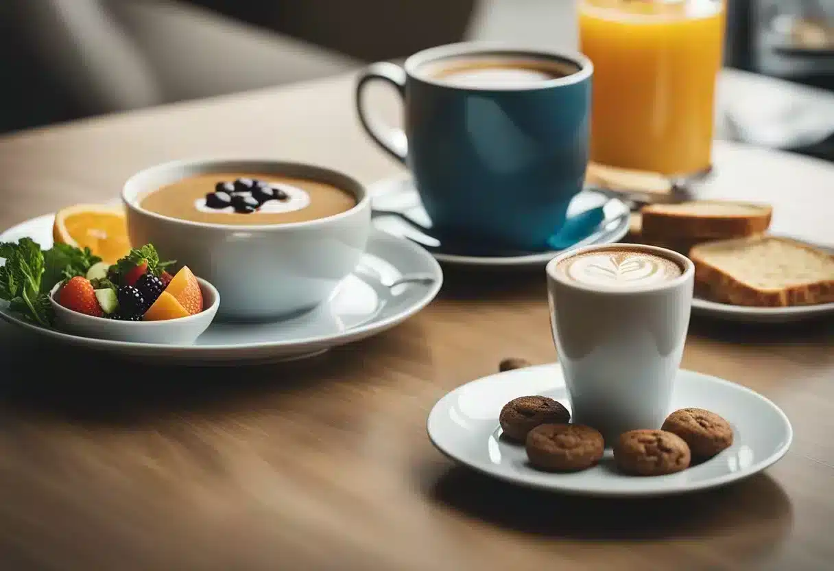 A cup of coffee next to a plate of healthy foods, with exercise equipment in the background