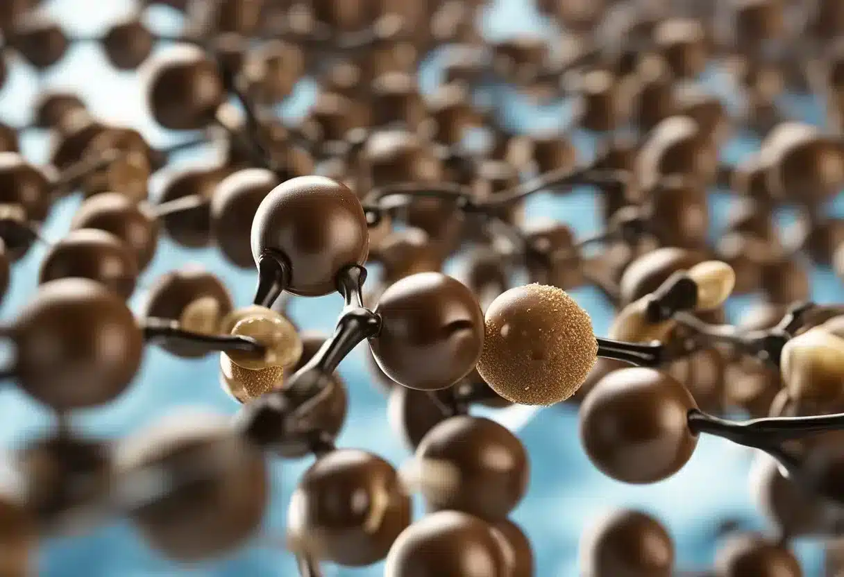 Coffee molecules interact with prostate cells. Illustrate a microscopic view of coffee molecules binding to receptors on prostate cells