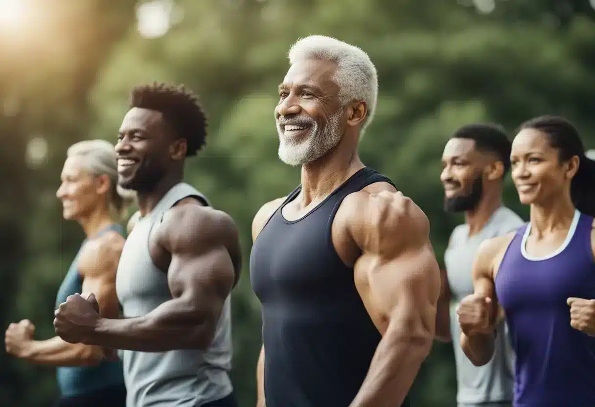 A group of diverse individuals engage in various physical activities, such as weightlifting, yoga, and running, to maintain and increase muscle mass as they age