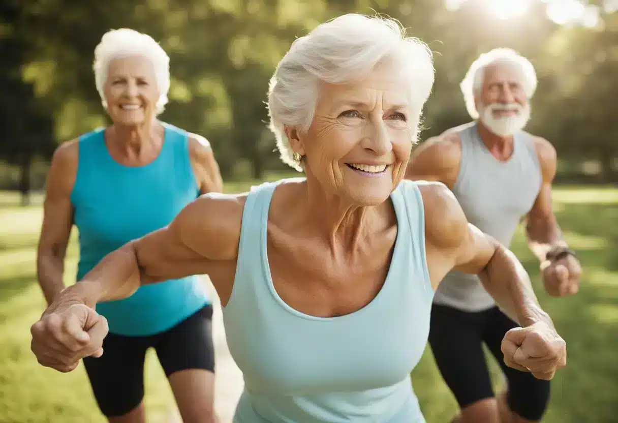A group of vibrant, active seniors engage in outdoor exercise, displaying strong and toned muscles