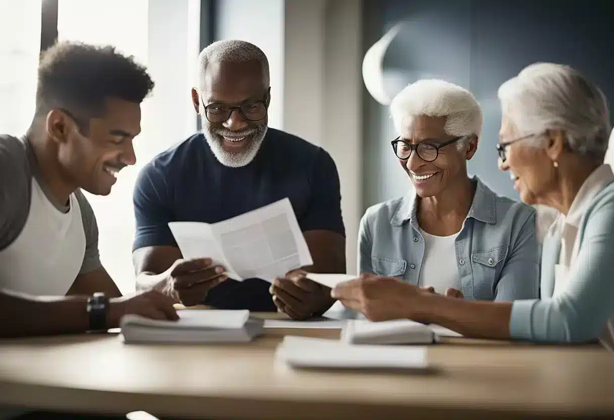 A group of diverse individuals reading a pamphlet titled "Frequently Asked Questions Muscle mass and healthy aging" with interest and curiosity