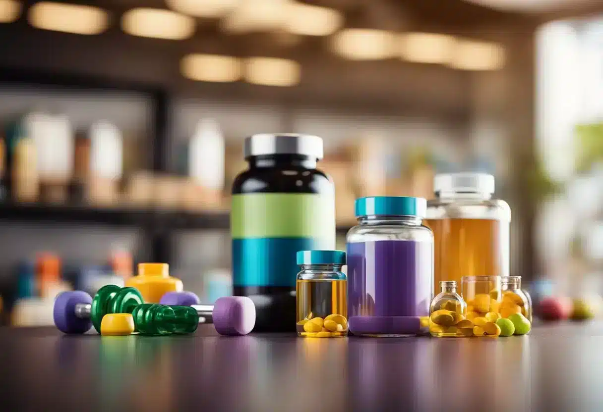 A bottle of supplements surrounded by weights and exercise equipment, with a background of vibrant, youthful colors and symbols representing health and vitality