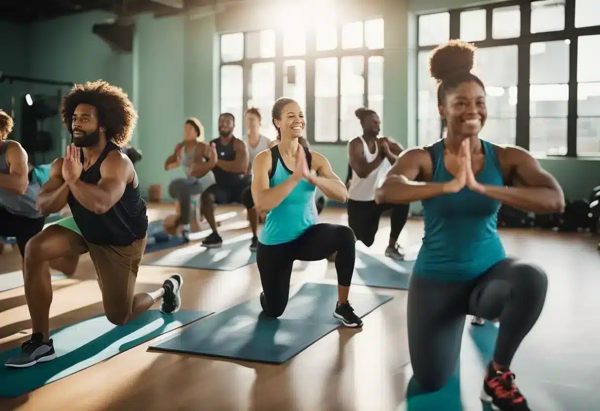 A group of diverse individuals engage in various physical activities, such as weightlifting, yoga, and jogging, in a vibrant community center