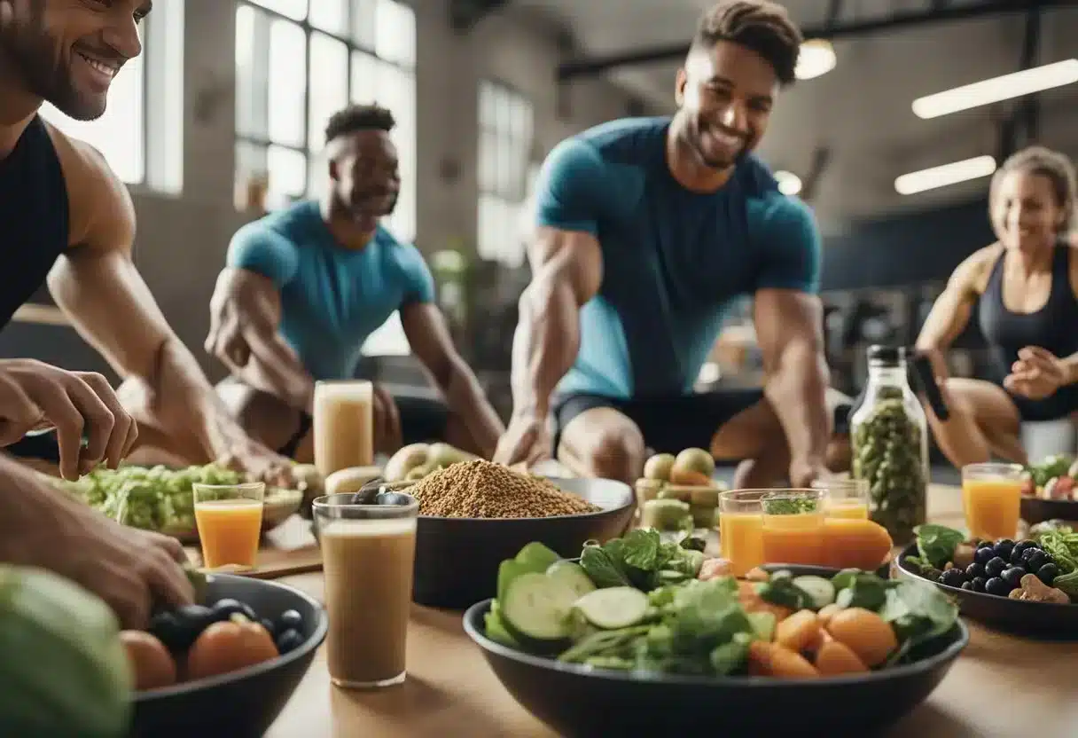 A group of diverse individuals engaging in various physical activities, such as weightlifting, yoga, and running, surrounded by healthy food options and nutritional supplements