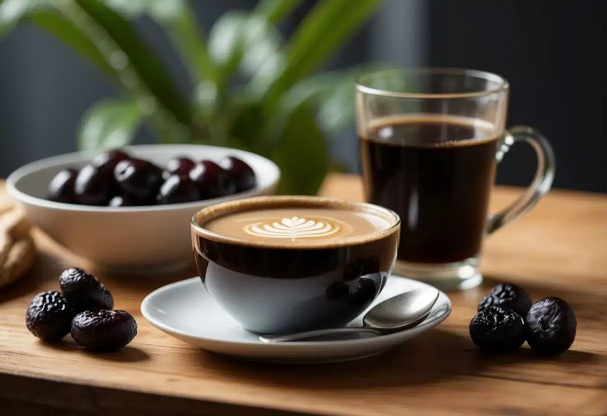 A cup of mushroom coffee next to a bowl of prunes and a glass of water on a wooden table