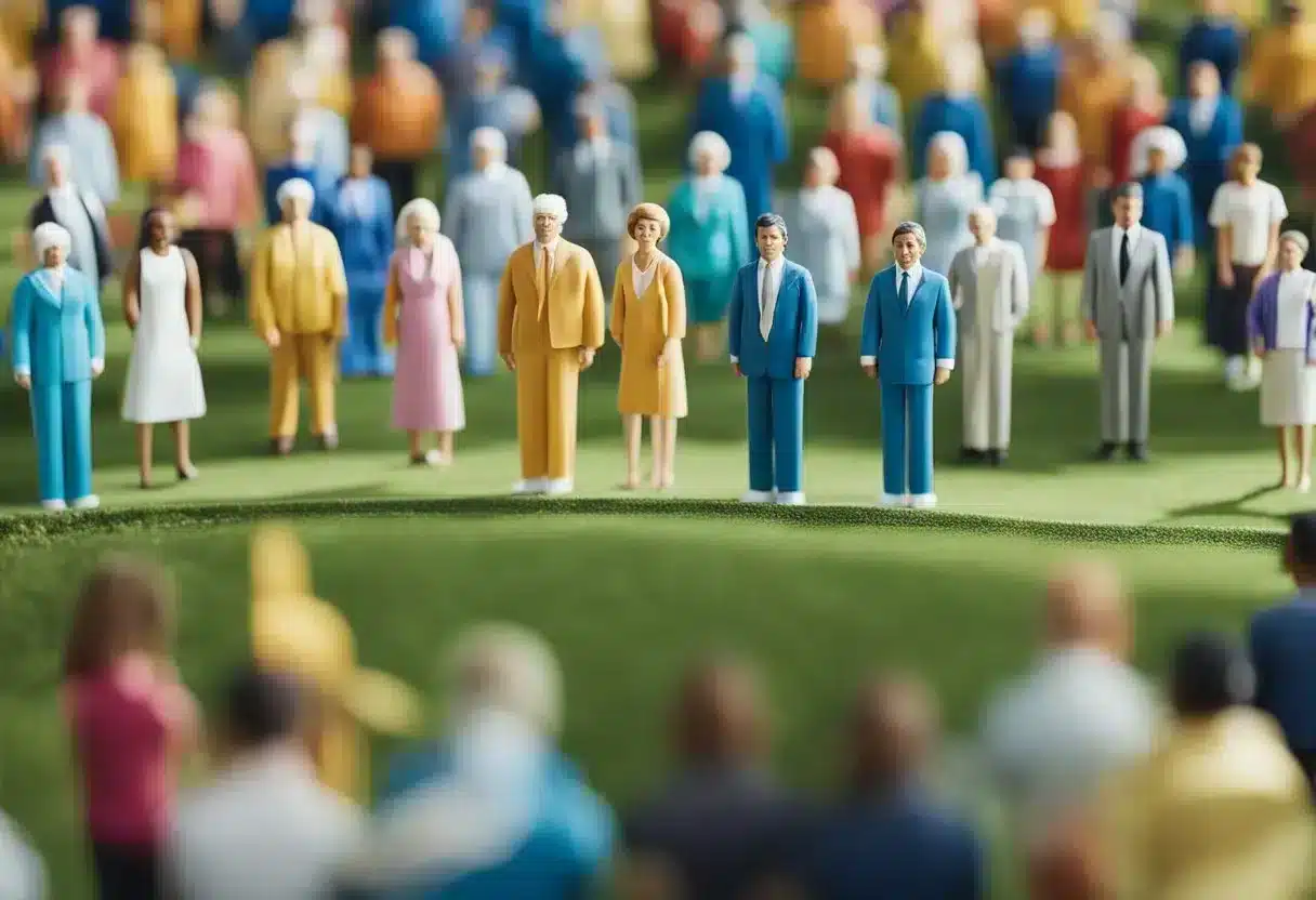 A group of diverse individuals gather around a central figure, symbolizing community and support. They are engaged in physical activities, representing muscle mass and healthy aging