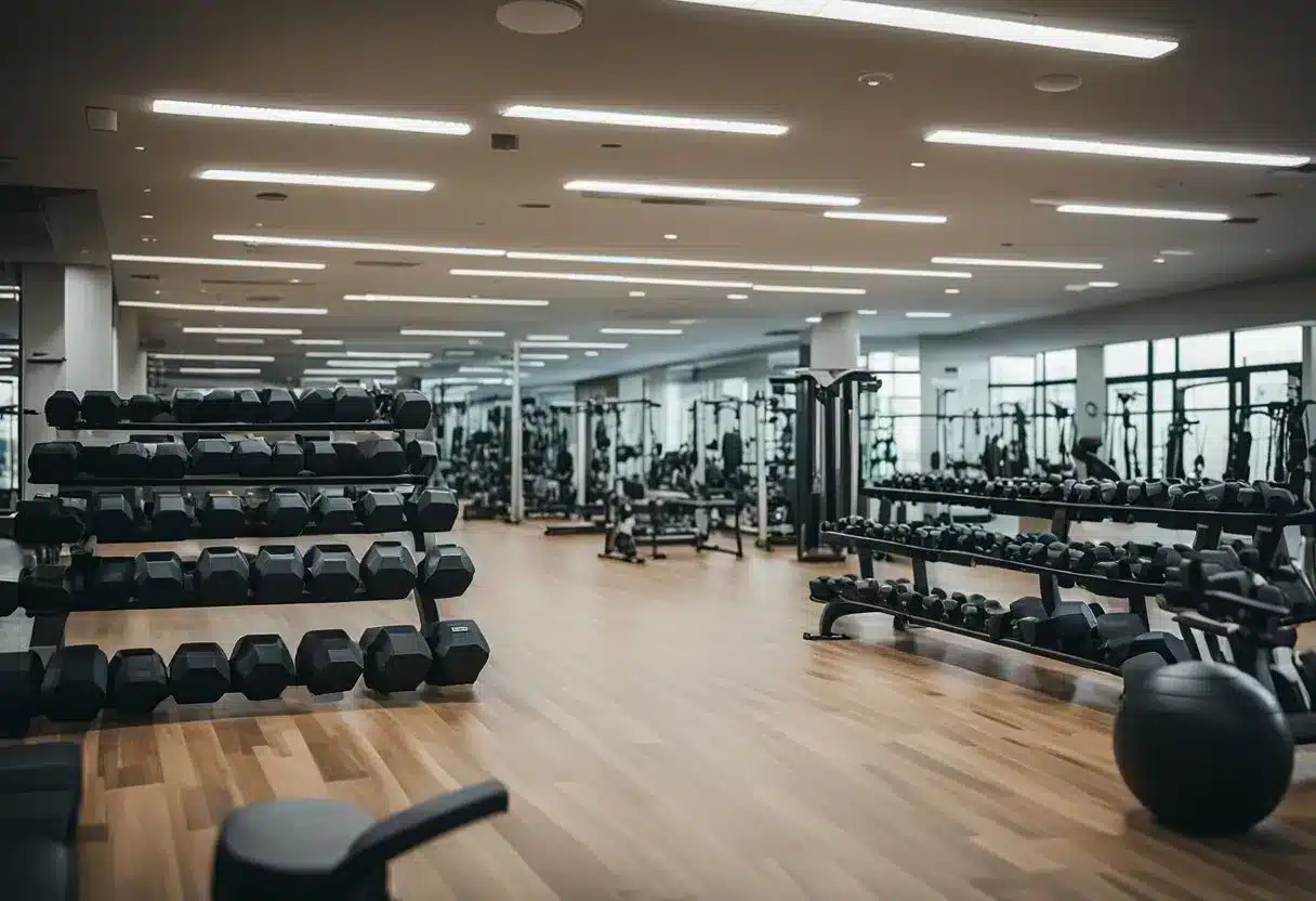 A group of diverse exercise equipment arranged in a well-lit, spacious gym. An assortment of dumbbells, resistance bands, yoga mats, and cardio machines are visible, highlighting the essentials for muscle building and healthy aging through physical activity