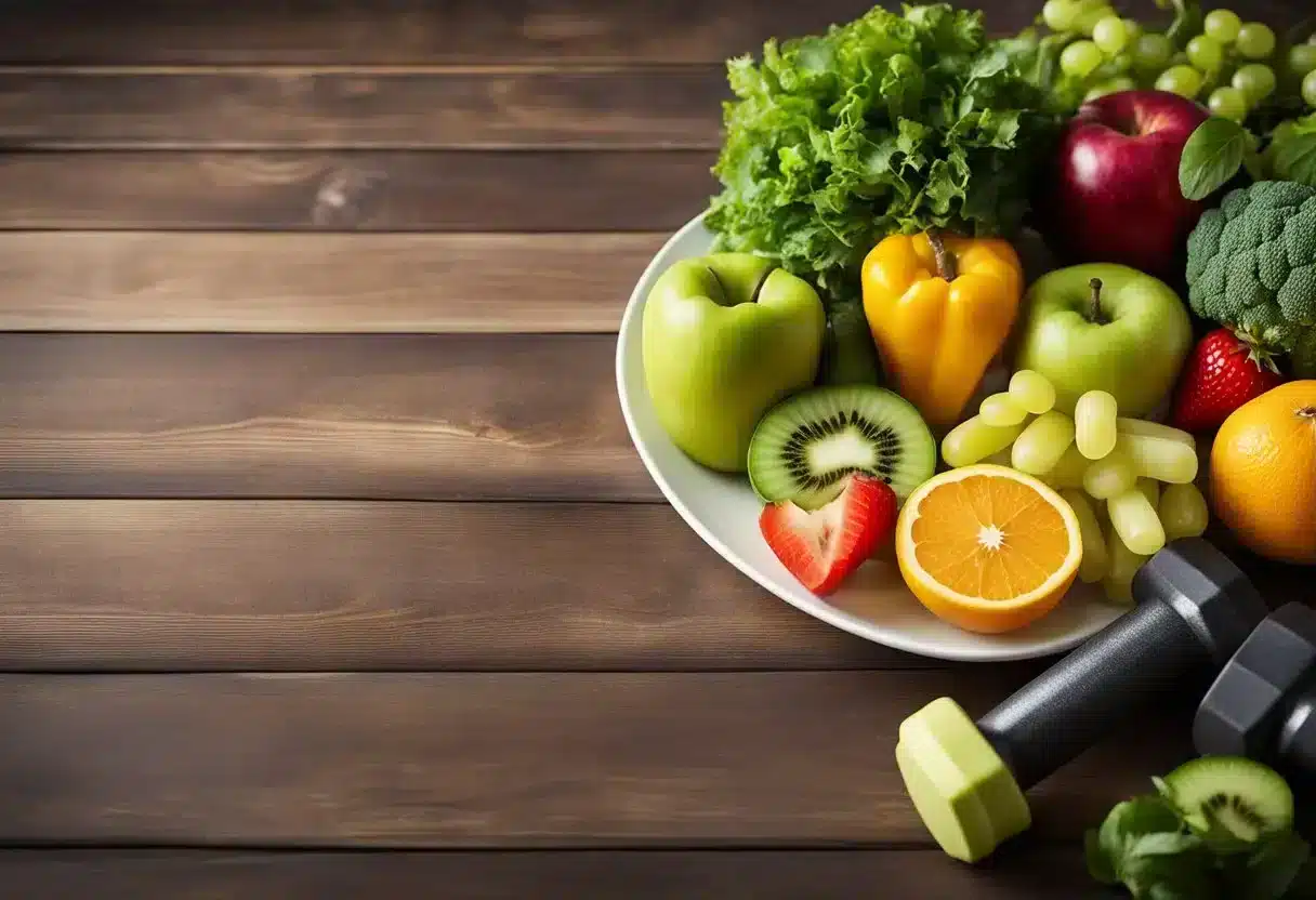 A plate of colorful fruits and vegetables surrounded by dumbbells and a measuring tape, symbolizing the impact of nutrition on muscle mass and healthy aging