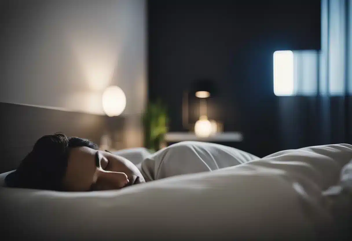 A person sleeping peacefully in a cozy bed, surrounded by a dark and quiet room. A scale nearby shows a downward trend in weight