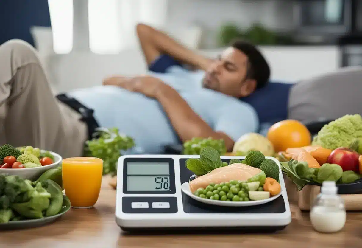 A person sleeping peacefully, surrounded by healthy food and exercise equipment, with a scale showing weight loss progress