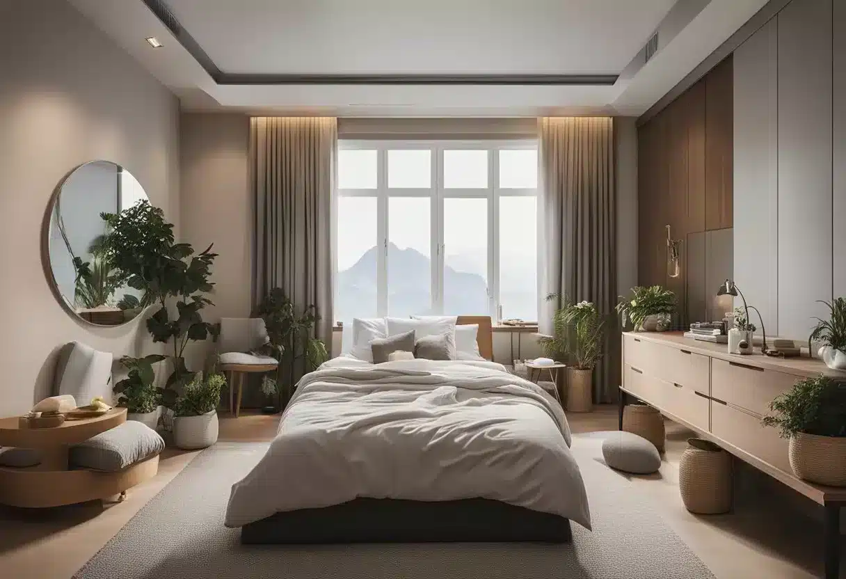 A cozy bedroom with a balanced diet and exercise equipment, surrounded by a peaceful environment