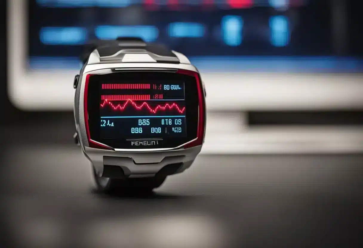 A heart rate monitor displaying a high number, with a red warning light flashing