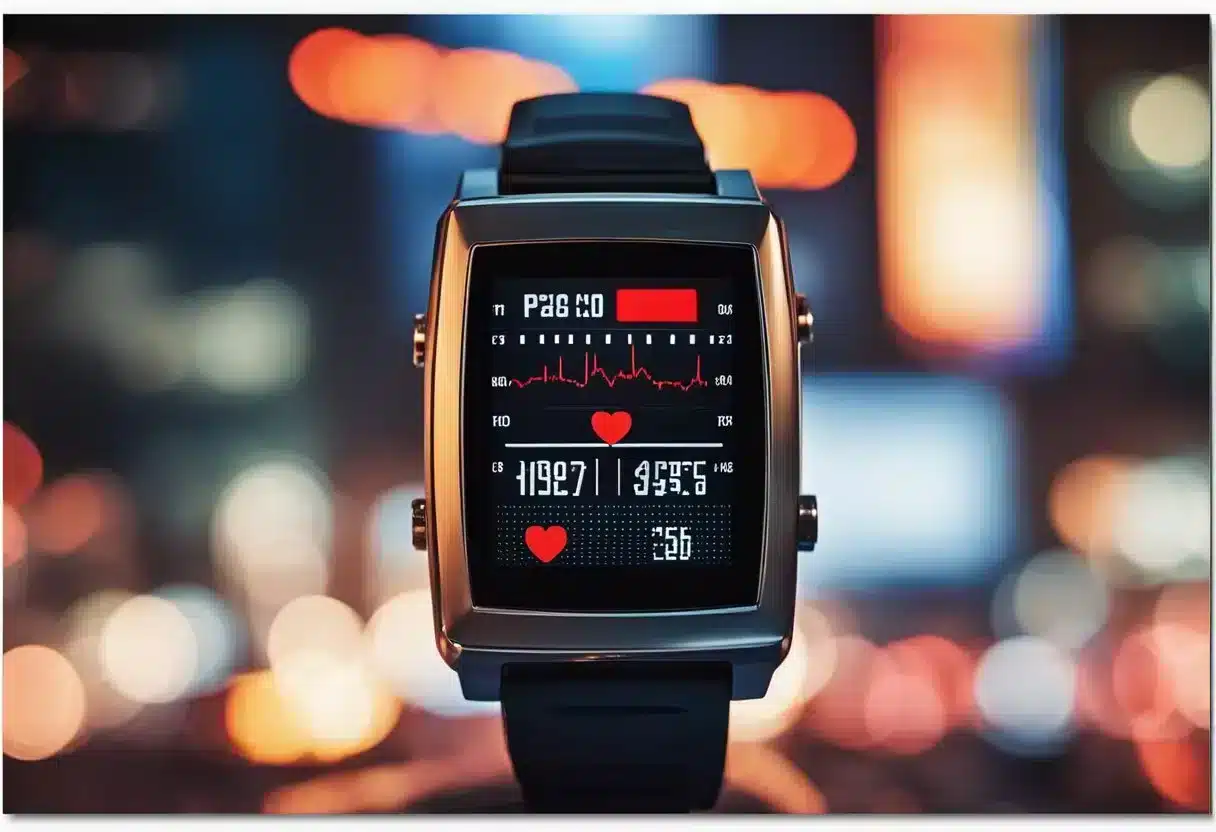 A heart rate monitor beeping rapidly, red lights flashing, and a warning sign displayed on the screen