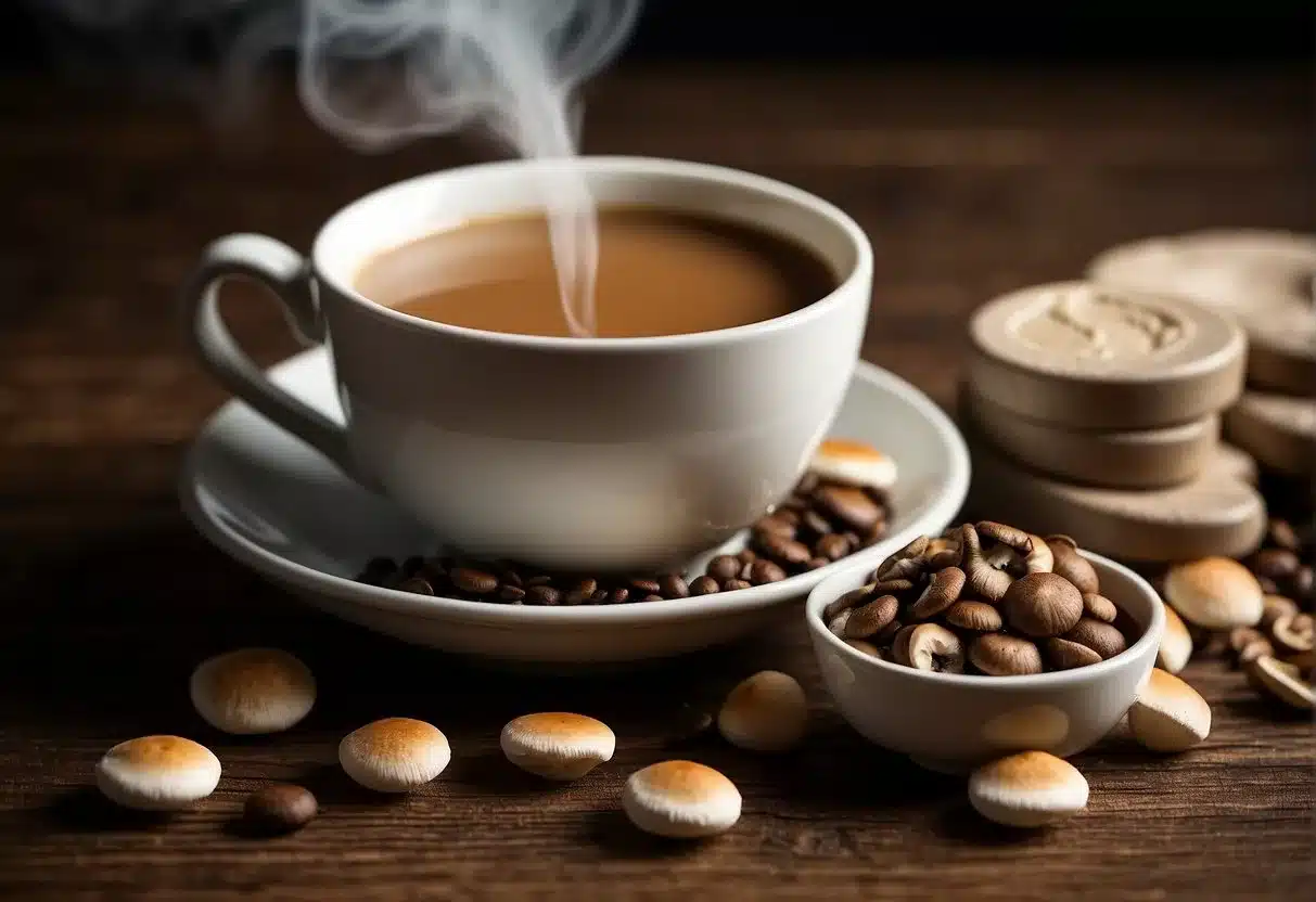 A steaming cup of mushroom coffee sits next to a pile of constipation relief supplements, with a question mark hovering above them