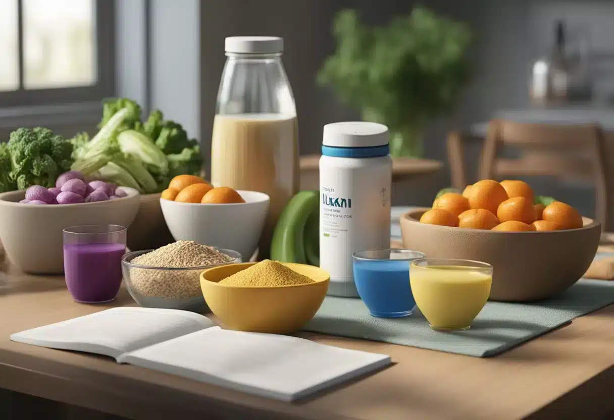 A table with a variety of lean proteins, vegetables, and oat bran. A book titled "The Dukan Diet" sits next to a set of measuring cups and a water bottle