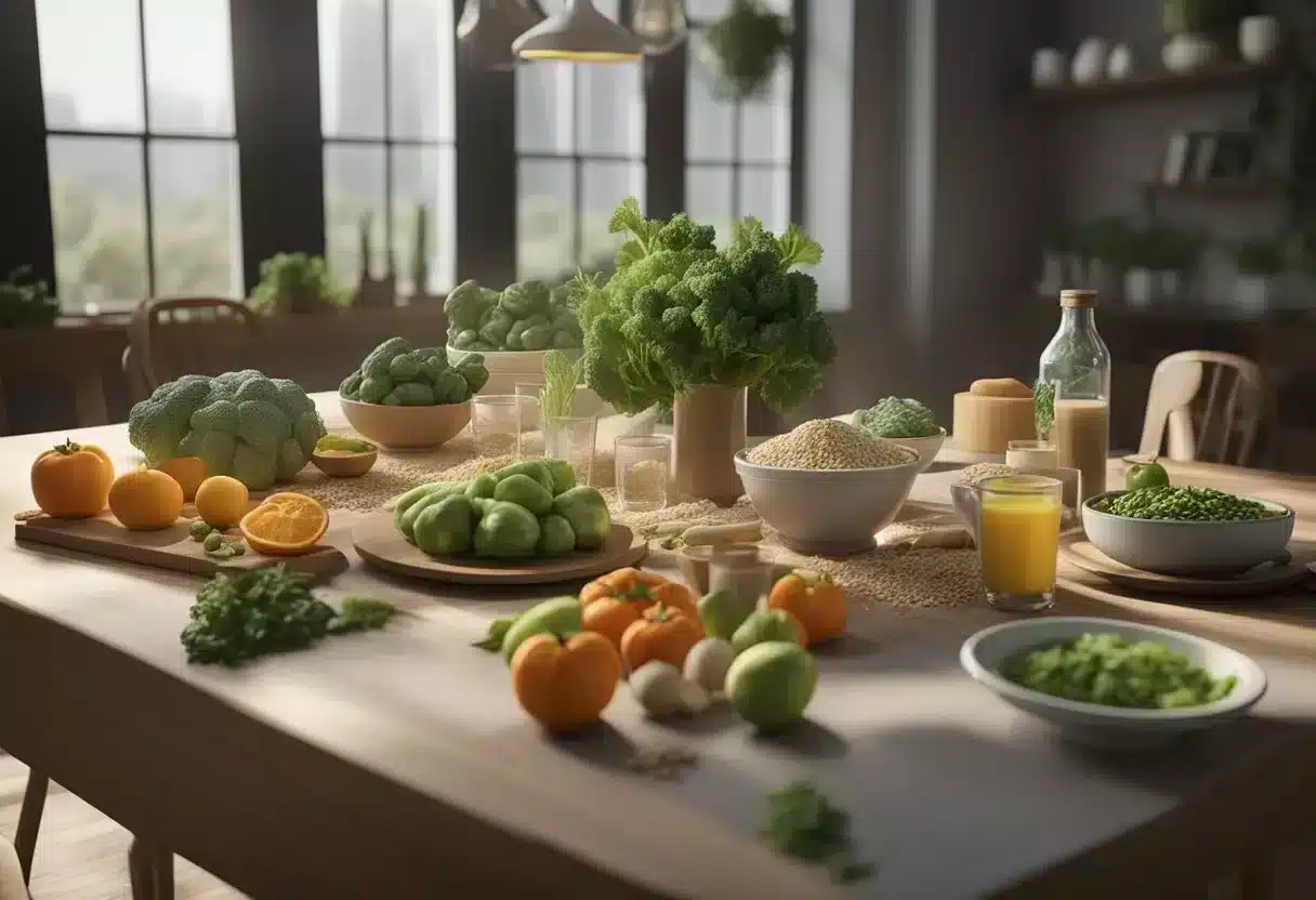 A table with lean proteins, vegetables, and oat bran. No sugar or processed foods. Plenty of water and daily exercise