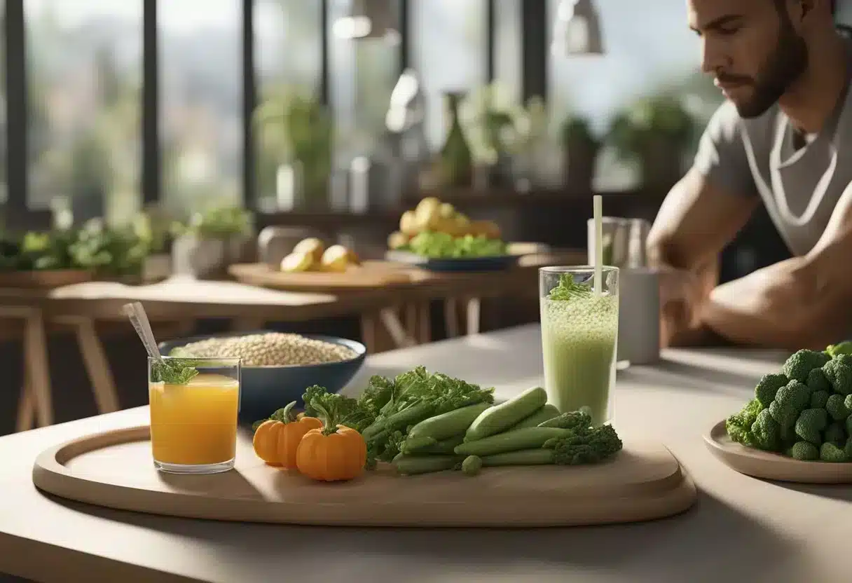 A table set with lean proteins, vegetables, and oat bran. A person exercising and drinking water