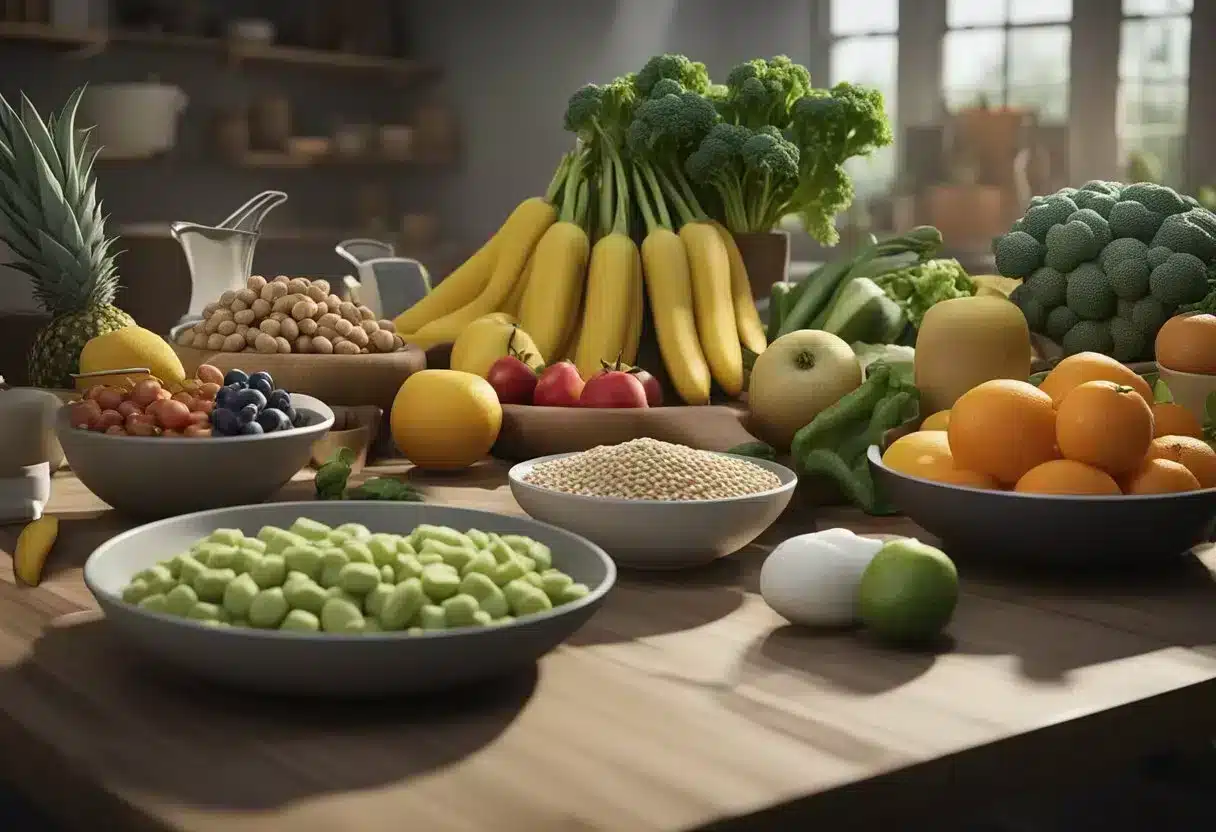 A table with various food items categorized into protein, vegetables, fruit, and grains. A scale and measuring cups are nearby