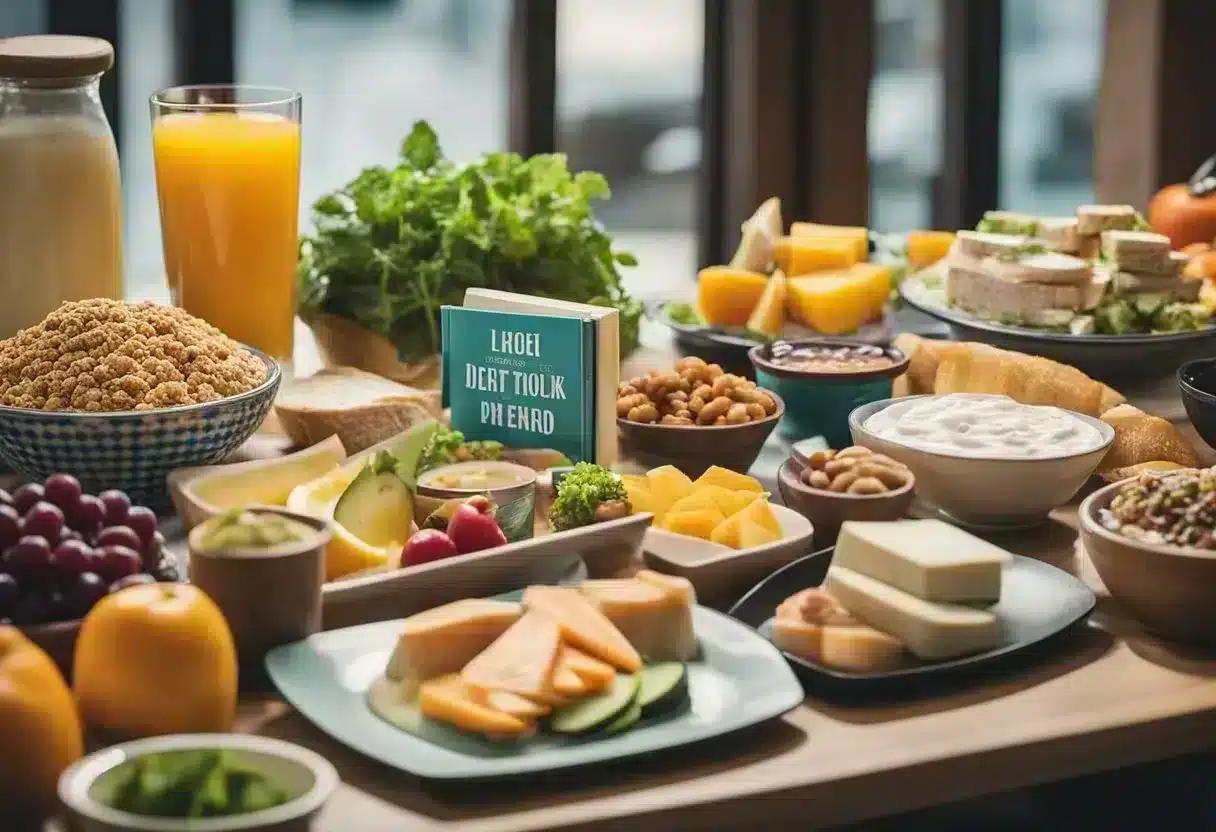A table with various fad diet books, colorful food illustrations, and trendy diet products displayed in a bright, busy setting