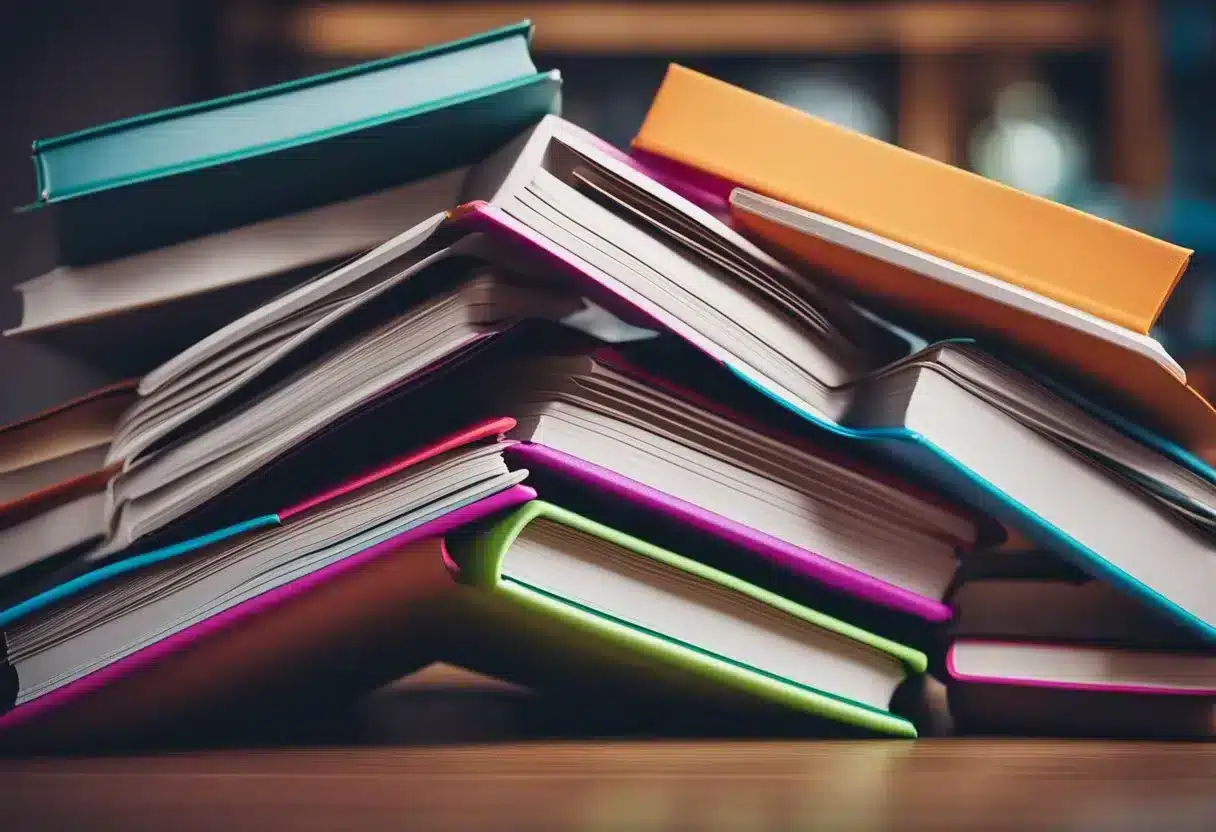 A pile of trendy diet books, with bright, flashy covers, surrounded by confused people scratching their heads