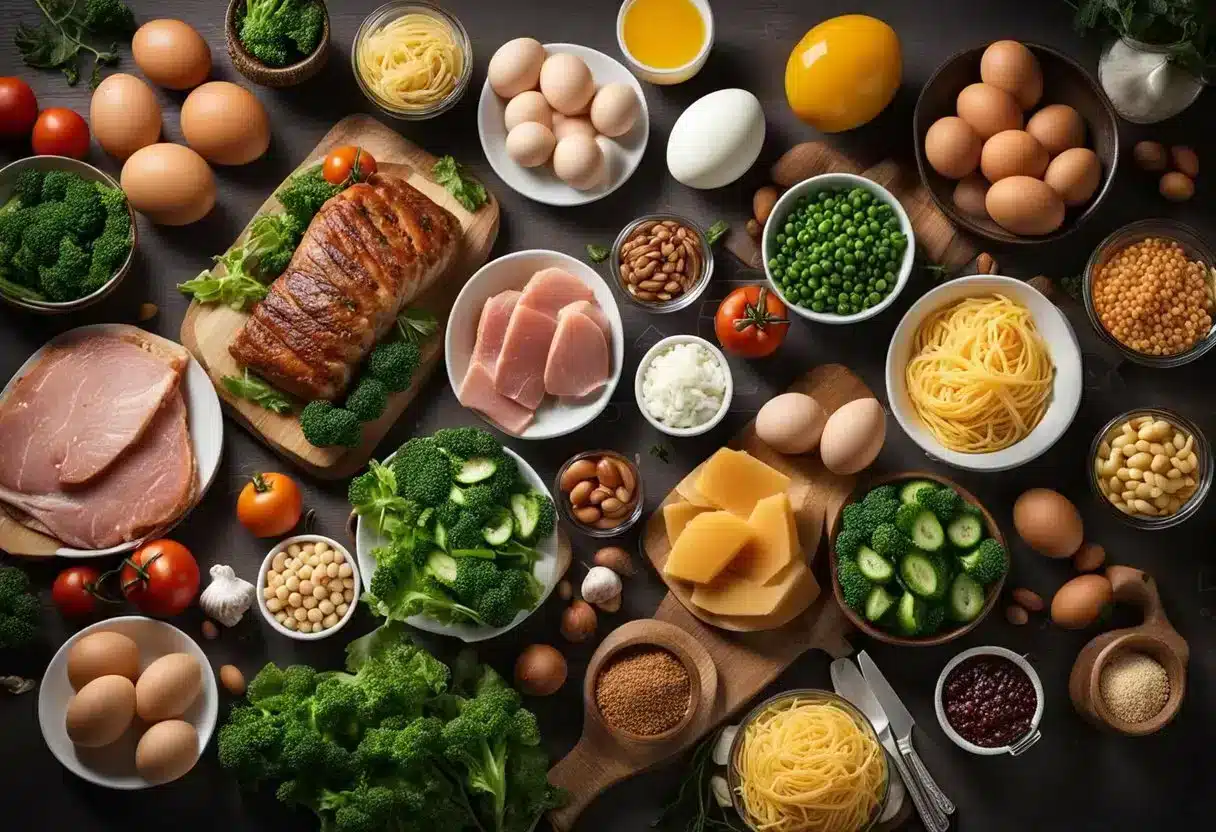 A table with low-carb, high-protein foods like meat, eggs, and vegetables. No bread, pasta, or sugary items