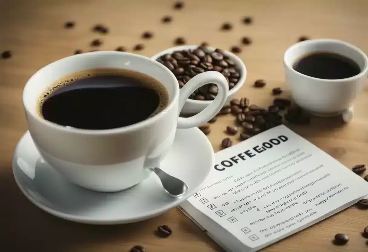 A steaming cup of coffee sits on a wooden table next to a bowl of fiber-rich fruits and a glass of water