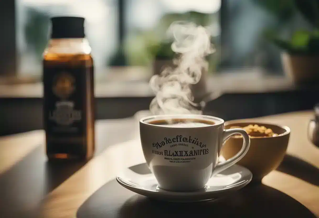 A steaming cup of coffee sits on a table next to a bottle of laxatives and a bowl of fiber-rich foods