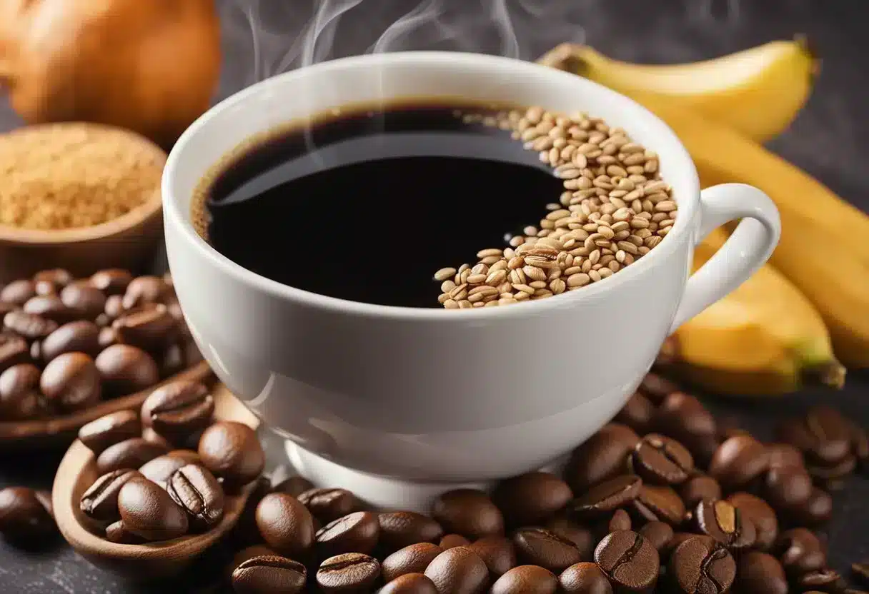 A steaming cup of coffee sits next to a bowl of fiber-rich foods, such as fruits and whole grains. A sign reads "Coffee and Digestive Health" with a question below it: "Is coffee good for constipation?"