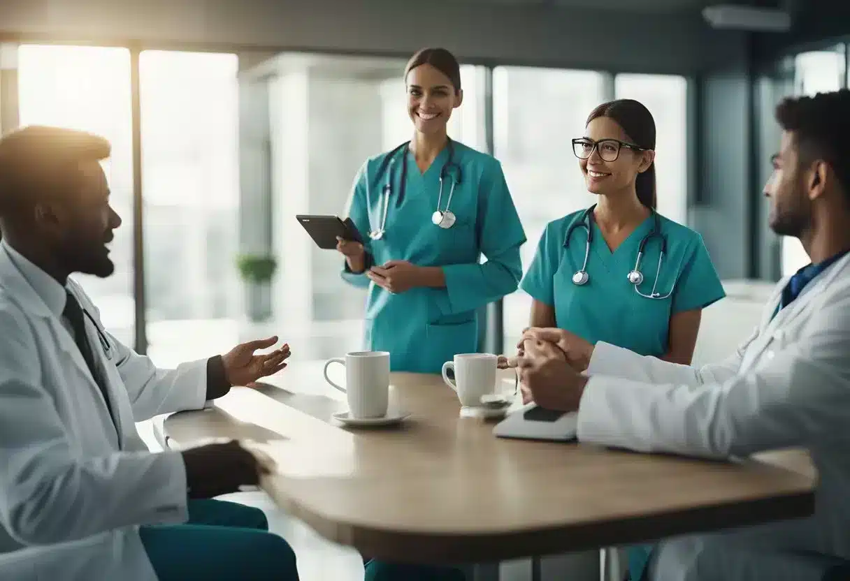 A group of healthcare professionals discussing the benefits of coffee for constipation